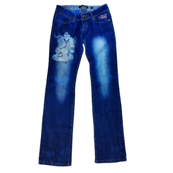 Ed Hardy Blue Straight Leg Jeans with Floral Detail - Picture 1 of 3